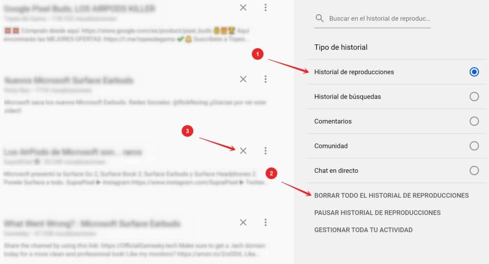 borrar historial youtube busqueda