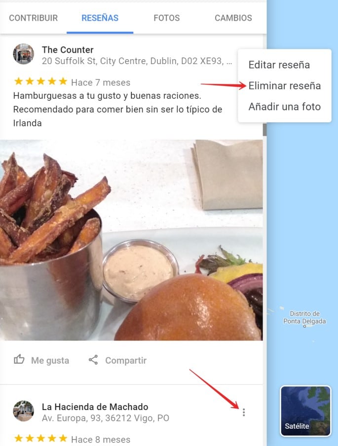 borrar resena google maps