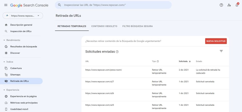 eliminar url search console