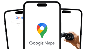 Tres moviles en uno se puede observar una captura del buscador de googe, en el del medio el logo de google maps, y en el de la derecha unos prismaticos.