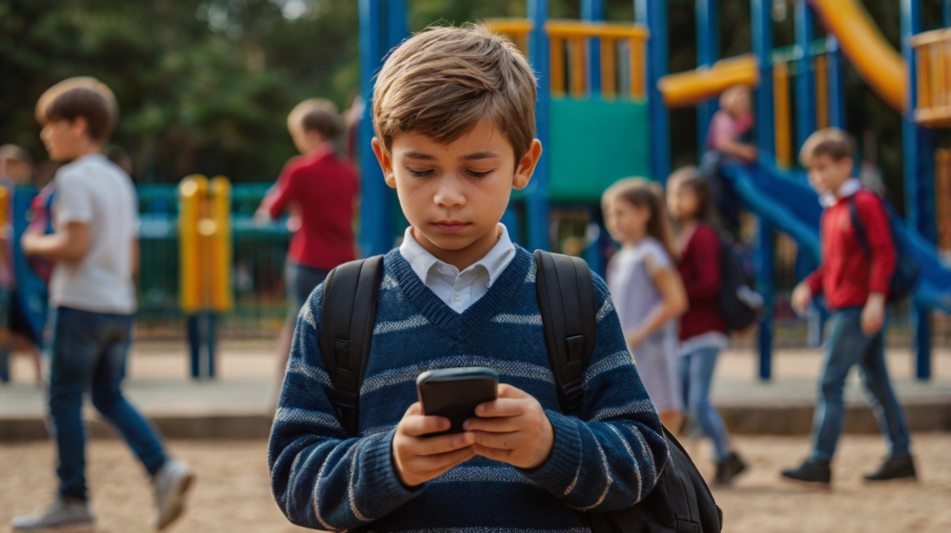 niño en un parque de niños con un movil y una expresion de tristeza, hay chicos y chicas en el fondo el cual esta borroso