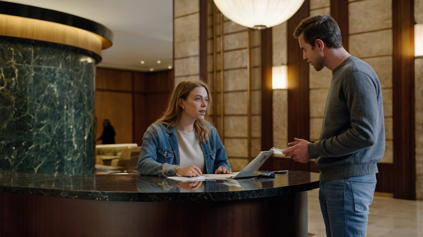 hombre haciendo el check in en el lobby de un hotel, imagen generada con ia