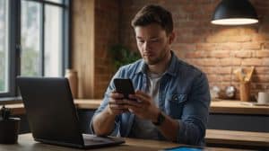 un chico usa el movil en una sala con el portatil delante en una mesa de madera