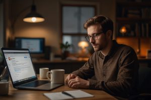a worried man with a coffee and sat in front of a laptop