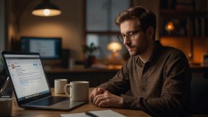 un hombre mira la mesa quizas preocupado ante un portatil y una taza de lo que podria ser cafe encima de él. Tambien hay una libreta abierta